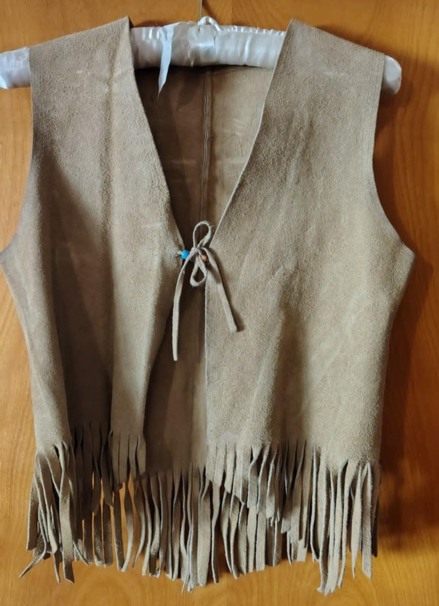 Vintage 1960s Leather Vest with Fringe and Bead Tie Chest 35″ Length 22″