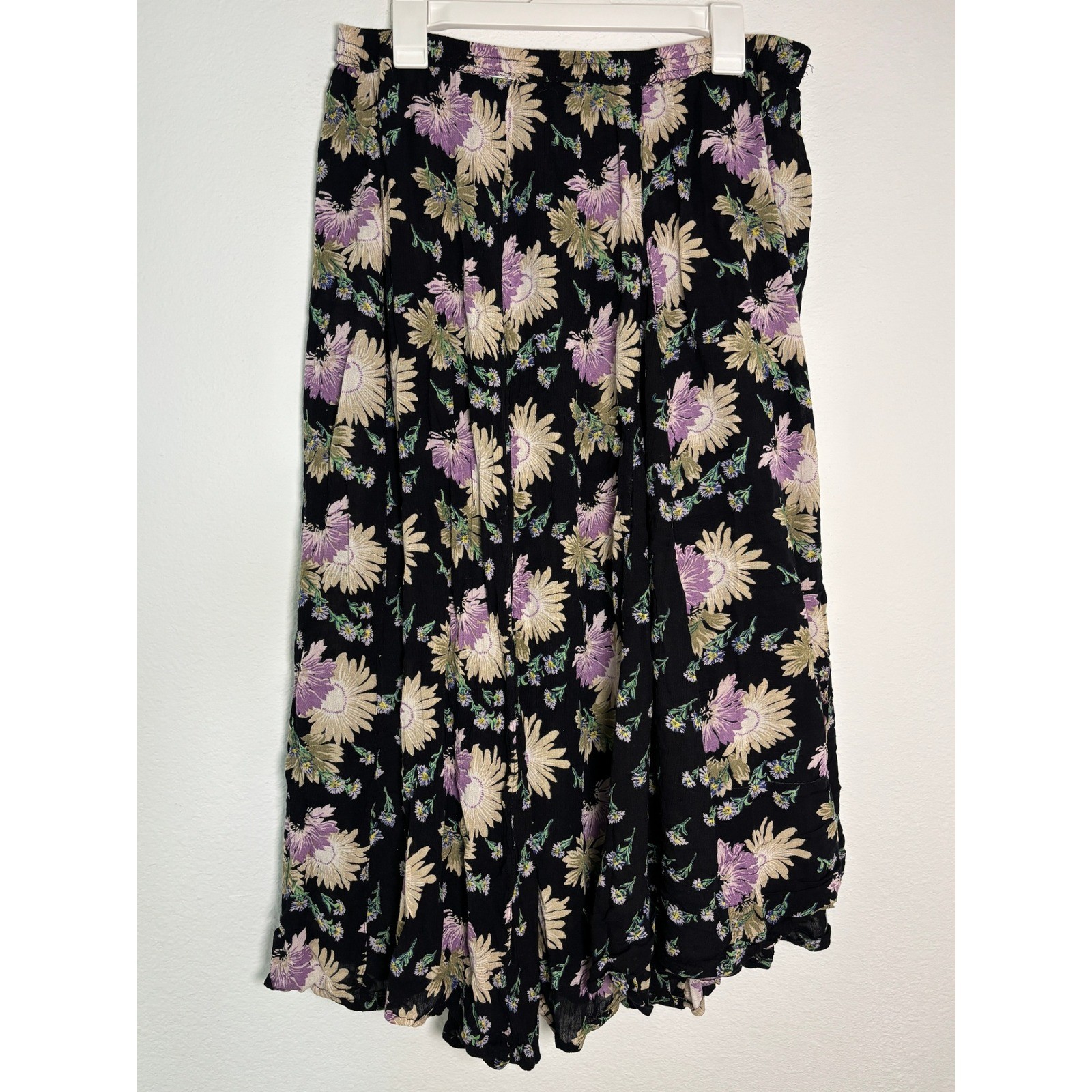 Vintage Neofostasia Floral Midi Skirt Black Purple Sunflower Rayon Boho Medium