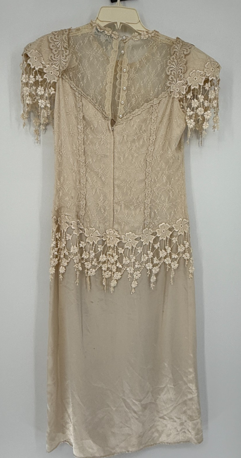 Vintage Ivory Lace Satin Midi Dress Cottagecore Victorian Prairie Romantic Fairy
