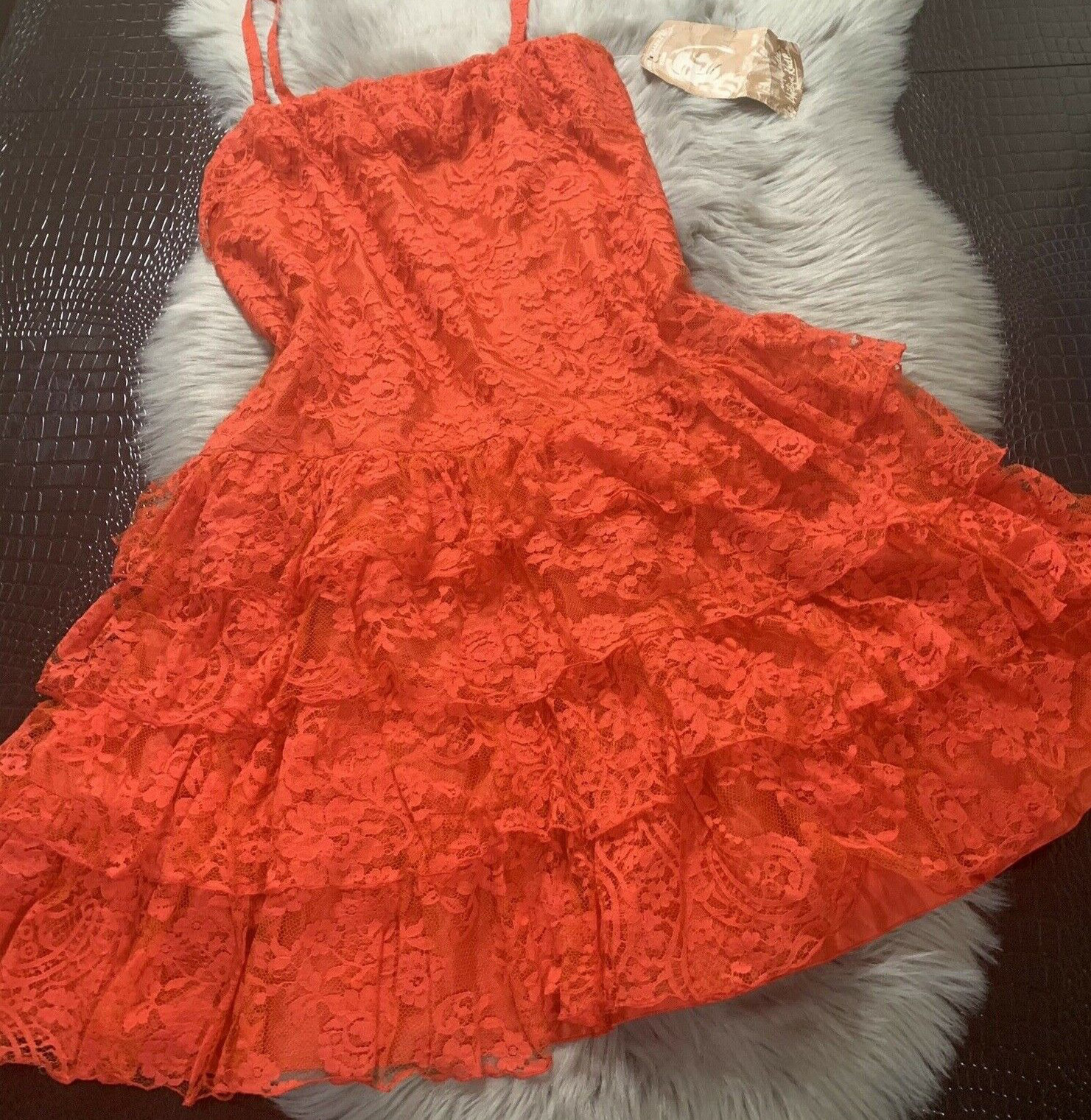 VTG New Vicky Valere Paris Dress Tiered Ruffled Lace Red Feminine Made In France