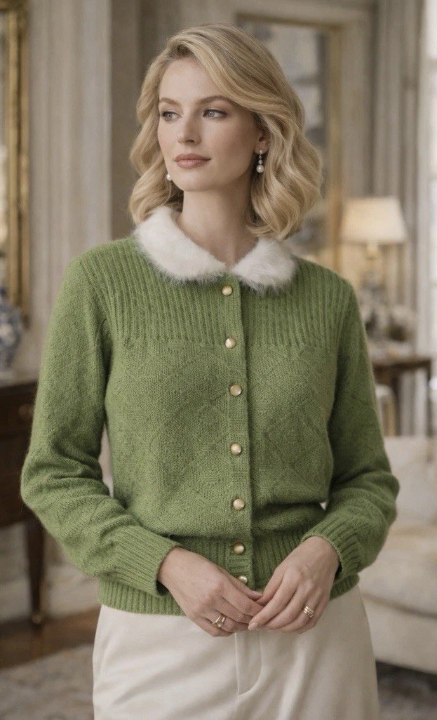 Vintage Toby Berman Wool Cardigan 1950s 1960s Angora Collar L XL