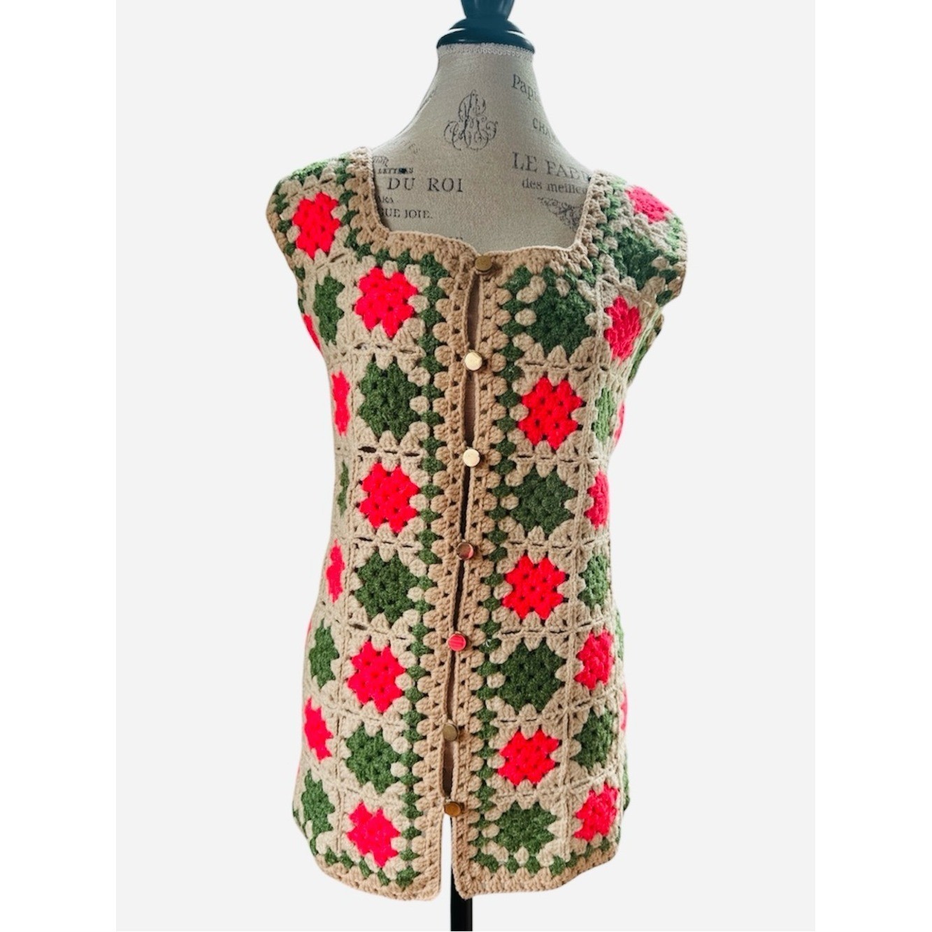 Vintage hand knit boho granny Square, long sweater vest, neon pink and green S/M