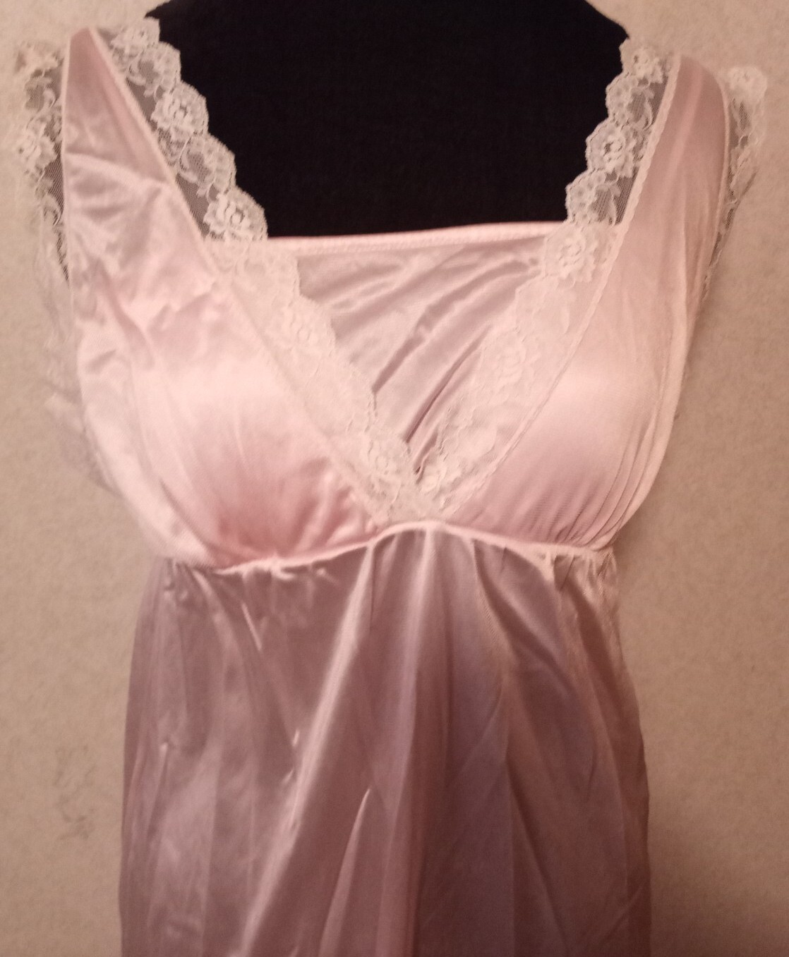 2 Vintage FANCY ME Sz S Pink Nylon Sheer Cream Lace Long Nightgown Slip Dress