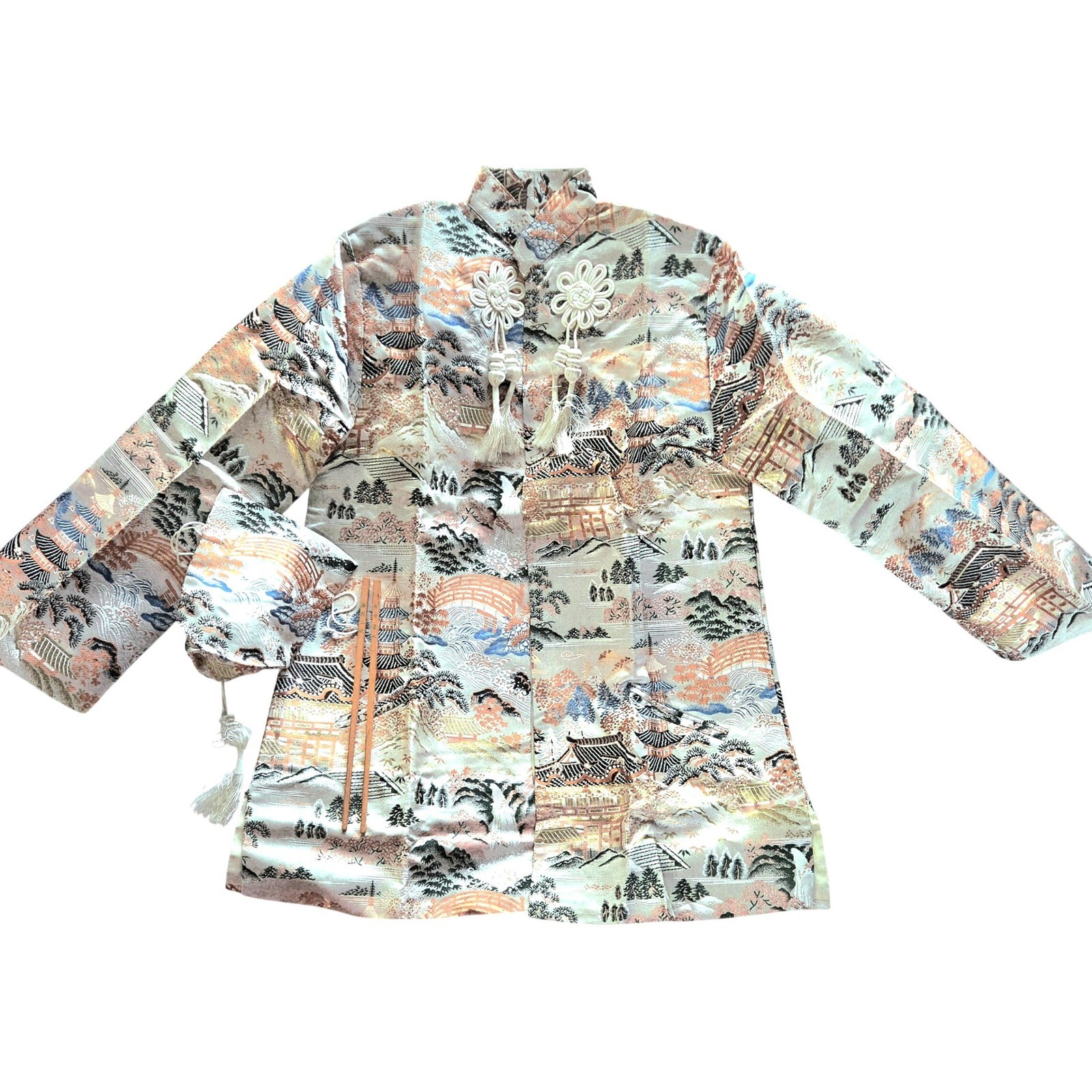 Chinese Tang Suit Jacket Womens Cream Pagoda Brocade Bag Hair Sticks Great Set