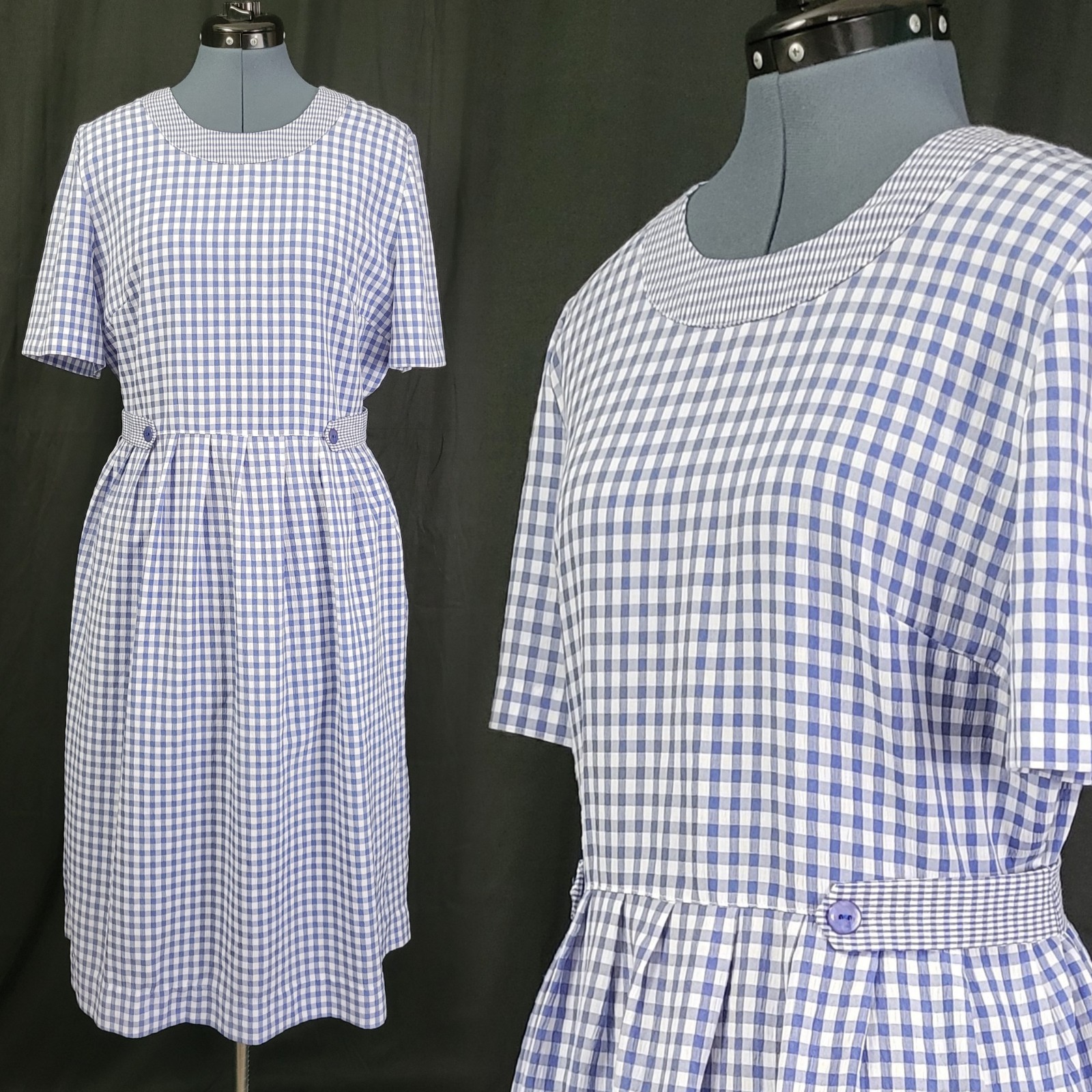 Vintage Kathie Lee Blue & White Gingham Checked Dress w Tie Waist Size 12