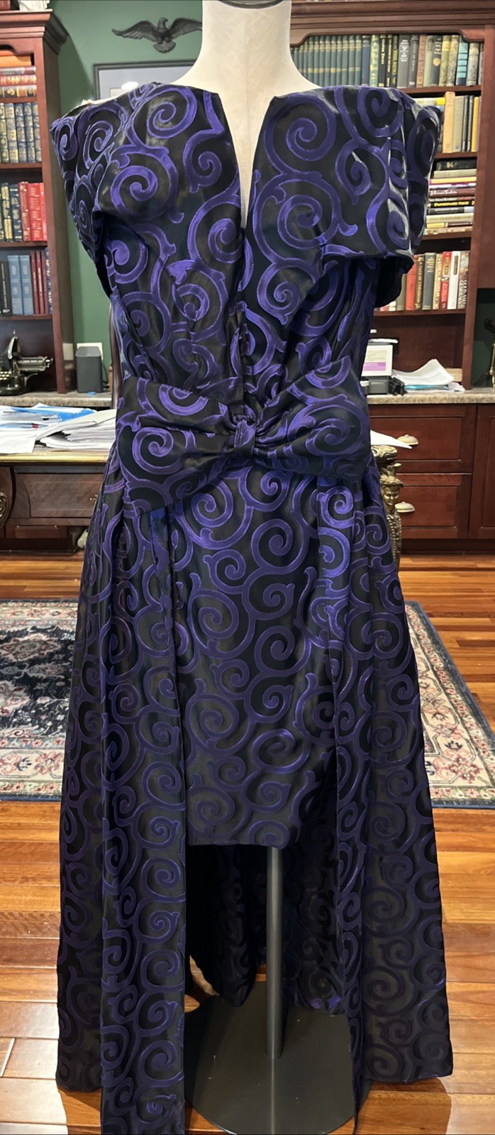 Vintage 80s women 13/14 black purple brocade 2 piece cocktail dress union made