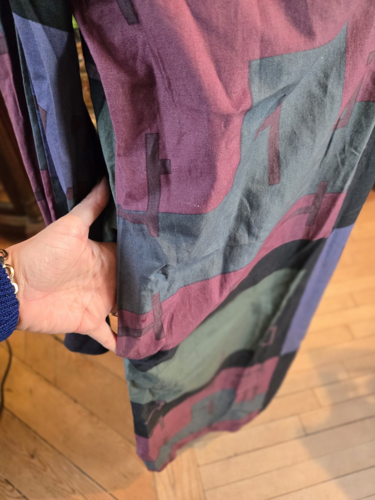 Vrg 1980s MARIMEKKO Purple Black Blue Cotton Geometric Long Sleeve Kaftan Dress