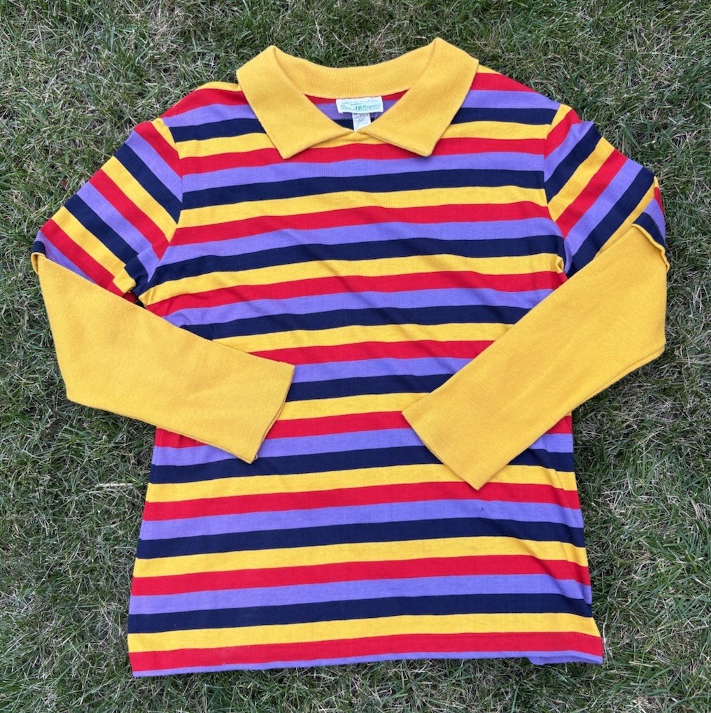 Vintage Sears Jr Bazaar Rainbow Striped T-Shirt W/ Long Sleeve • Size Large
