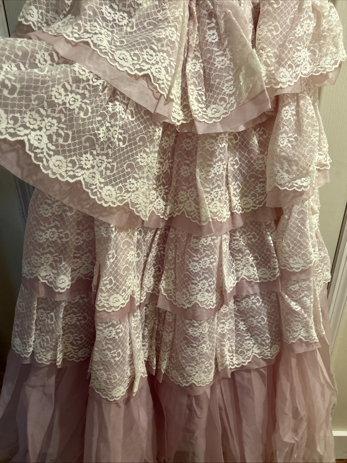 1950 Vintage Pastel Pink Tiered Ruffled Tulle Dress Gown Cup Cake Union Made
