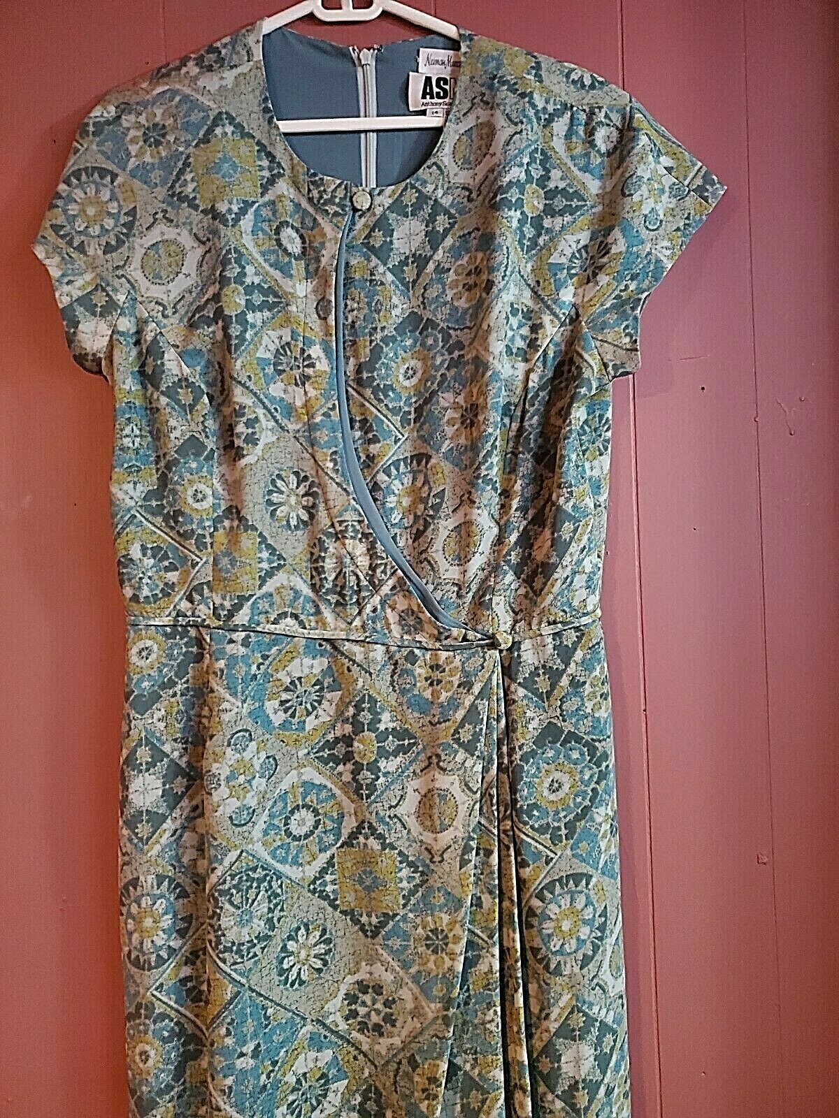 Vintage ASNY Anthony Sicari Neiman Marcus Women Sz14 Blue/Green Faux Wrap Dress