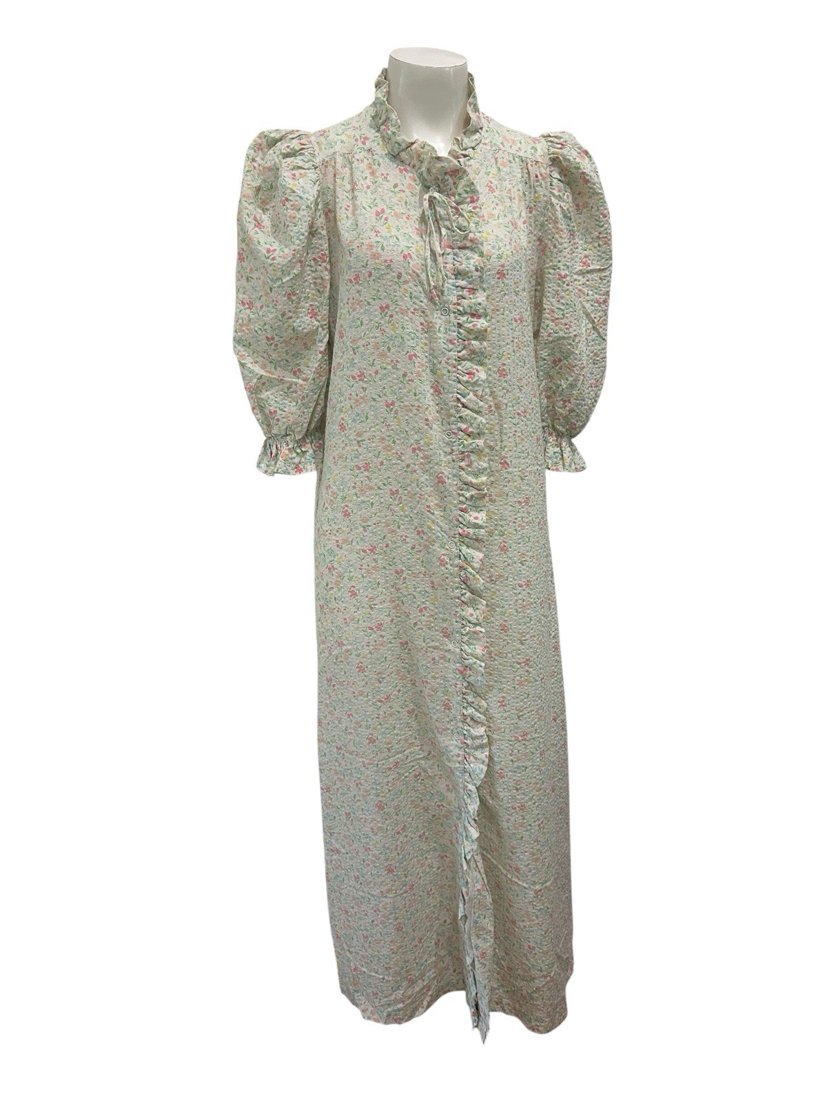 Vintage Cottagecore Floral Seersucker Housecoat Prairie Maxi Dress Ruffle M ^