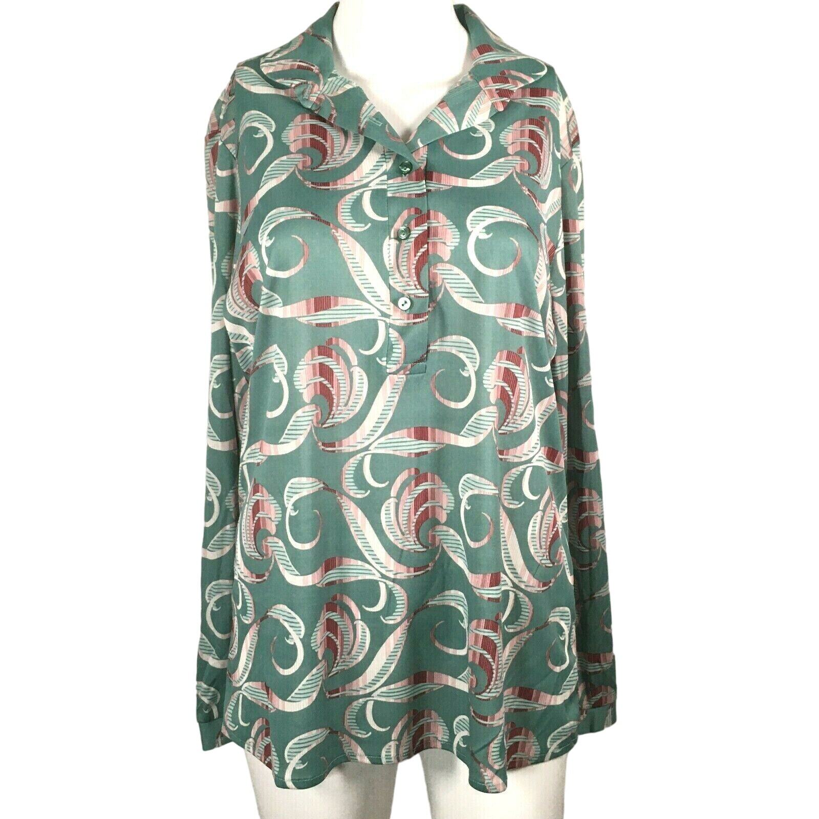 Alex Colman Shirt Womens Sz 12 VTG 1960s Green Swirl 1/2 Button Long Sleeve