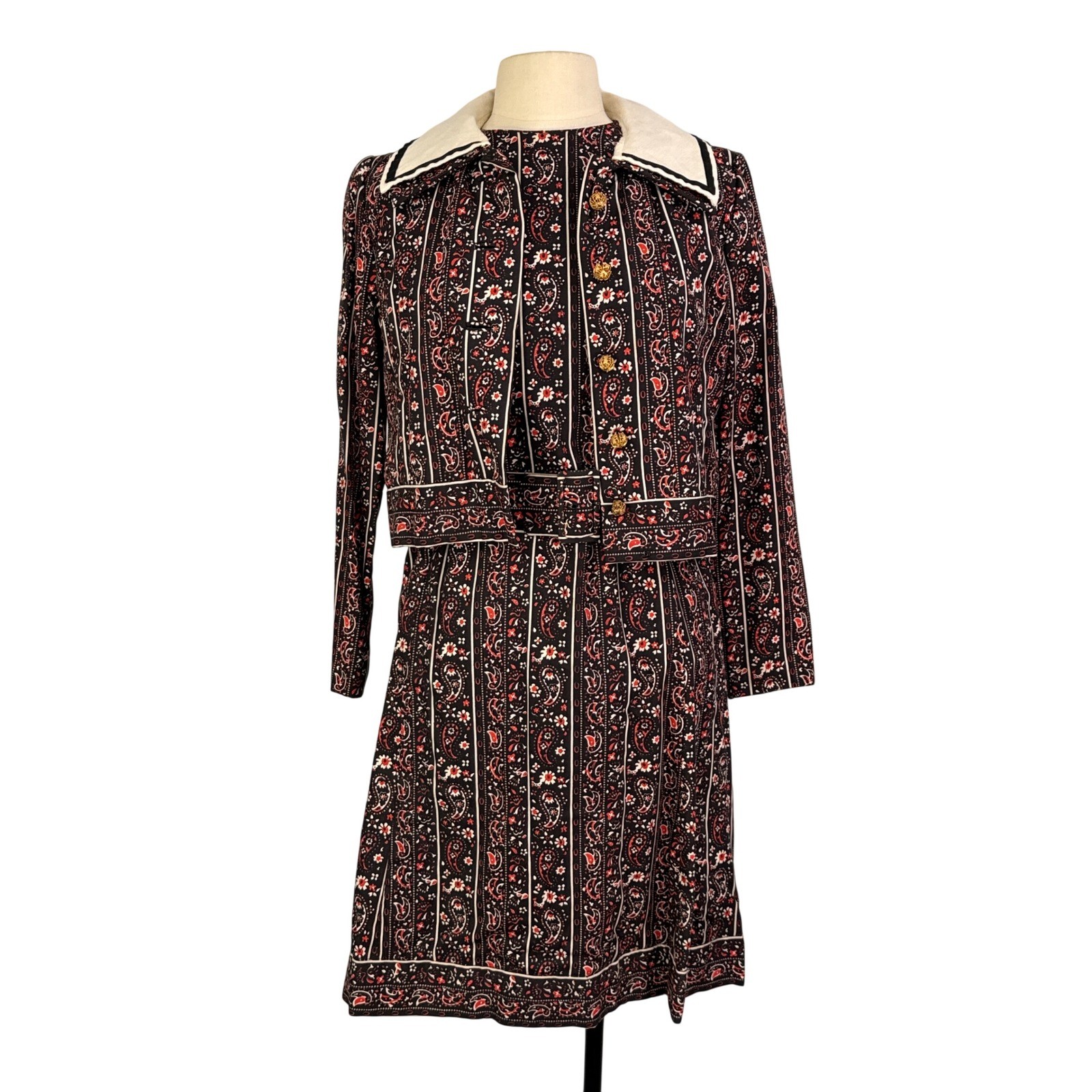 Abe Schrader Paisley Floral Print Belted Jacket Dress Set Vintage 70s, 38 bust