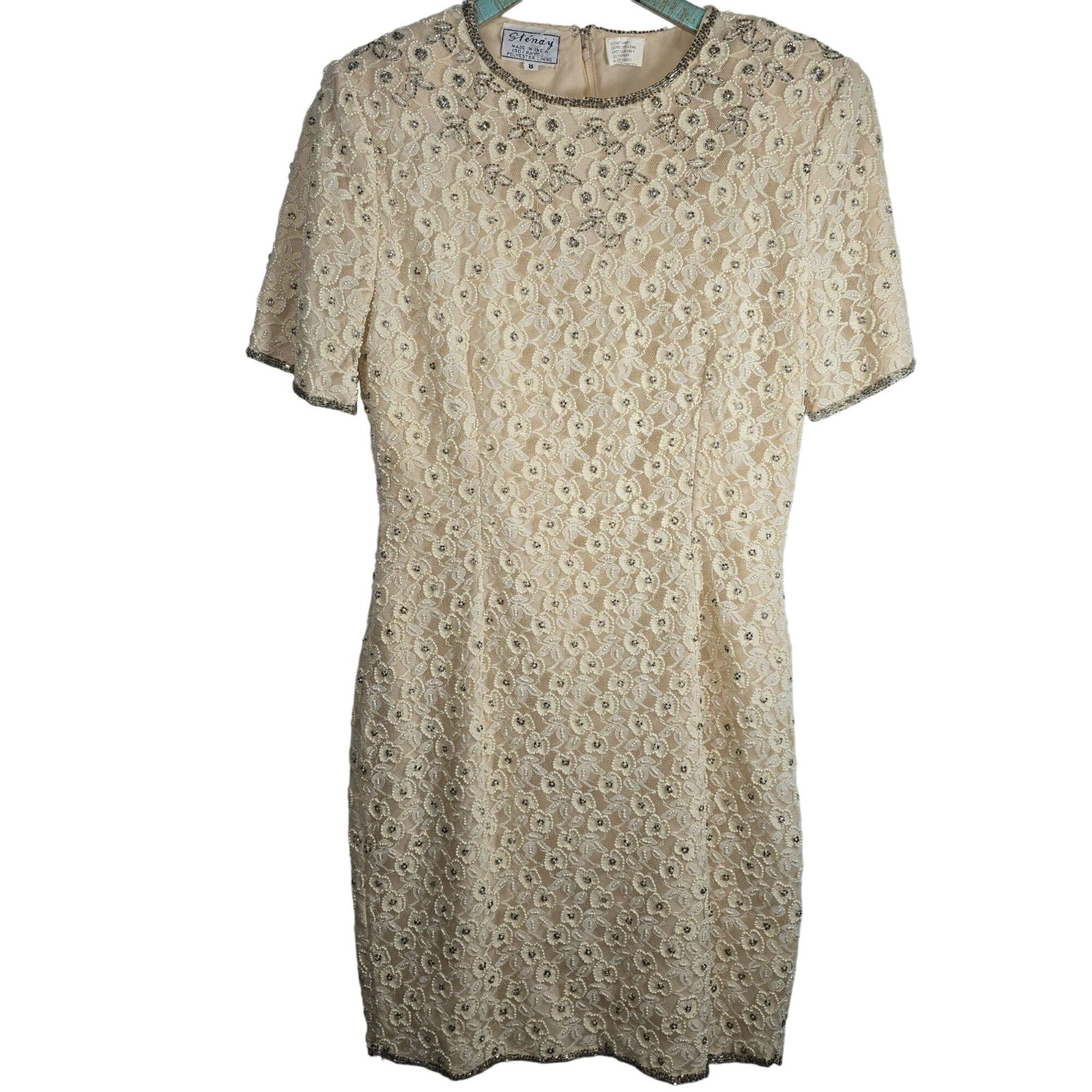 Vintage Stenay White Pearl Silver Bead Champagne Lace Mini Sheath Cocktail Dress
