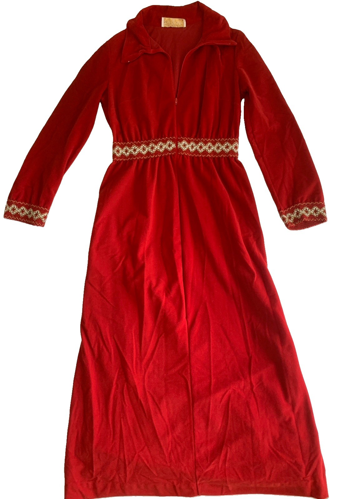 VTG 70s Gossard Red Velvet Maxi Dress Hostess Gown Embroidered Petite S