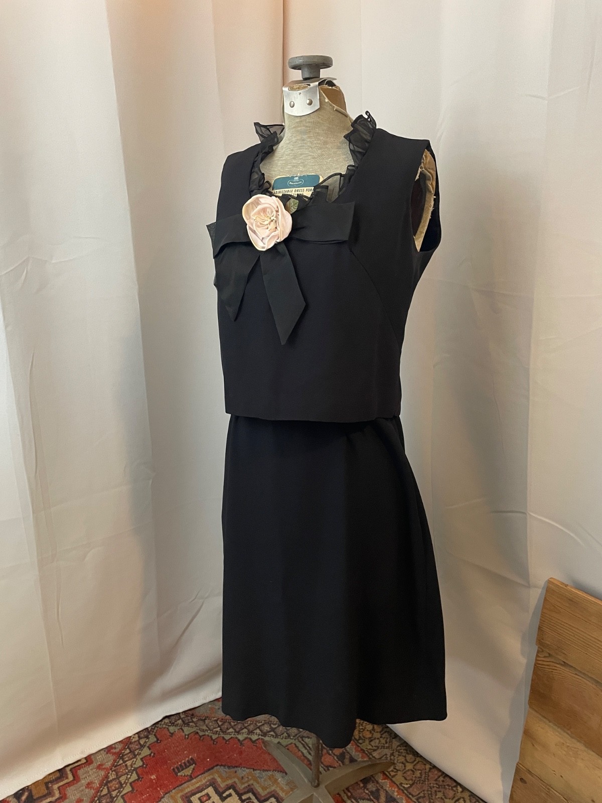 Black Mini Dress Sheer Ruffles Bow Pink Rose 1950s Vintage Coquette Twee 11 S XS