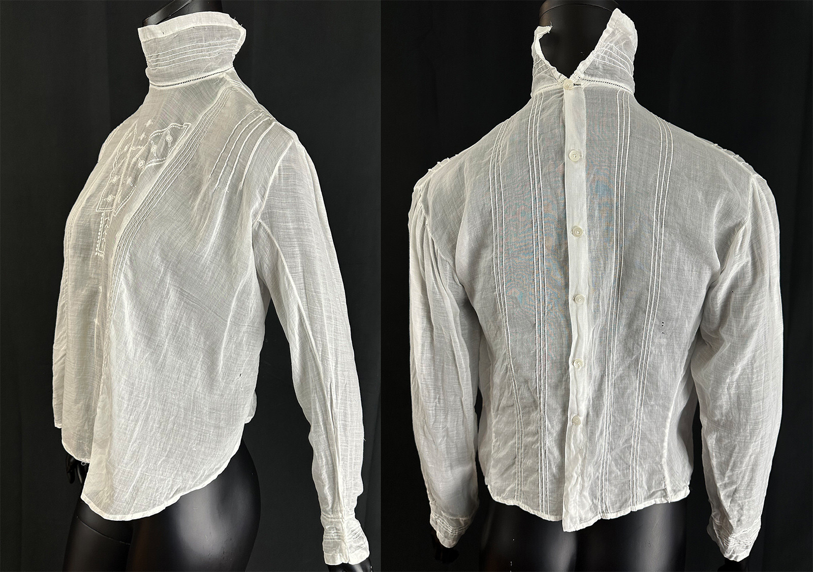 Edwardian Embroidered Pintuck White Cotton Batiste High Collar Shirtwaist Blouse