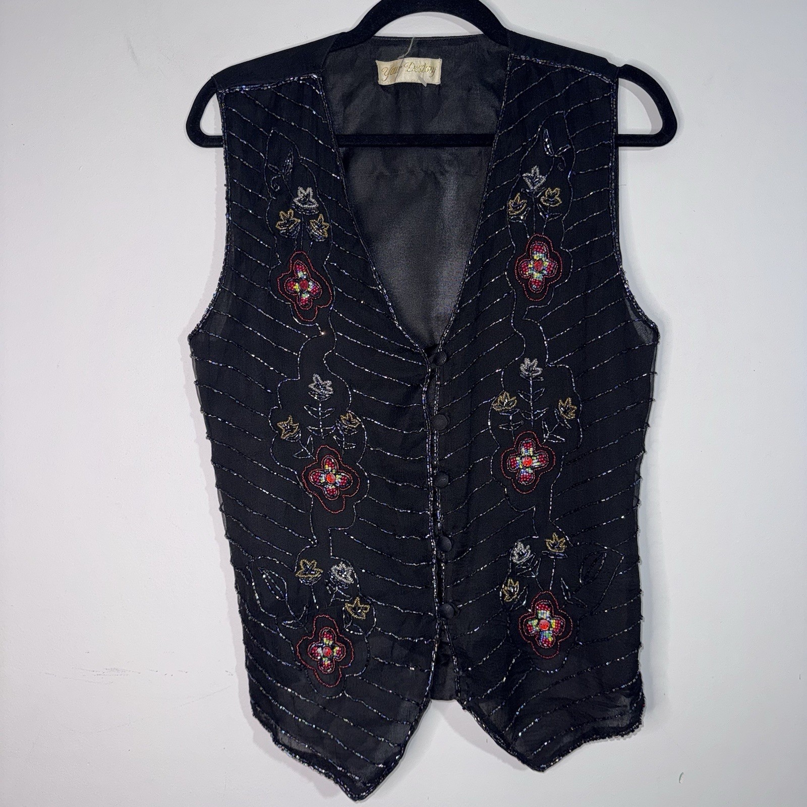 Vintage Your Destiny Beaded Silk Feel Black Floral Vest Boho Artsy Medium