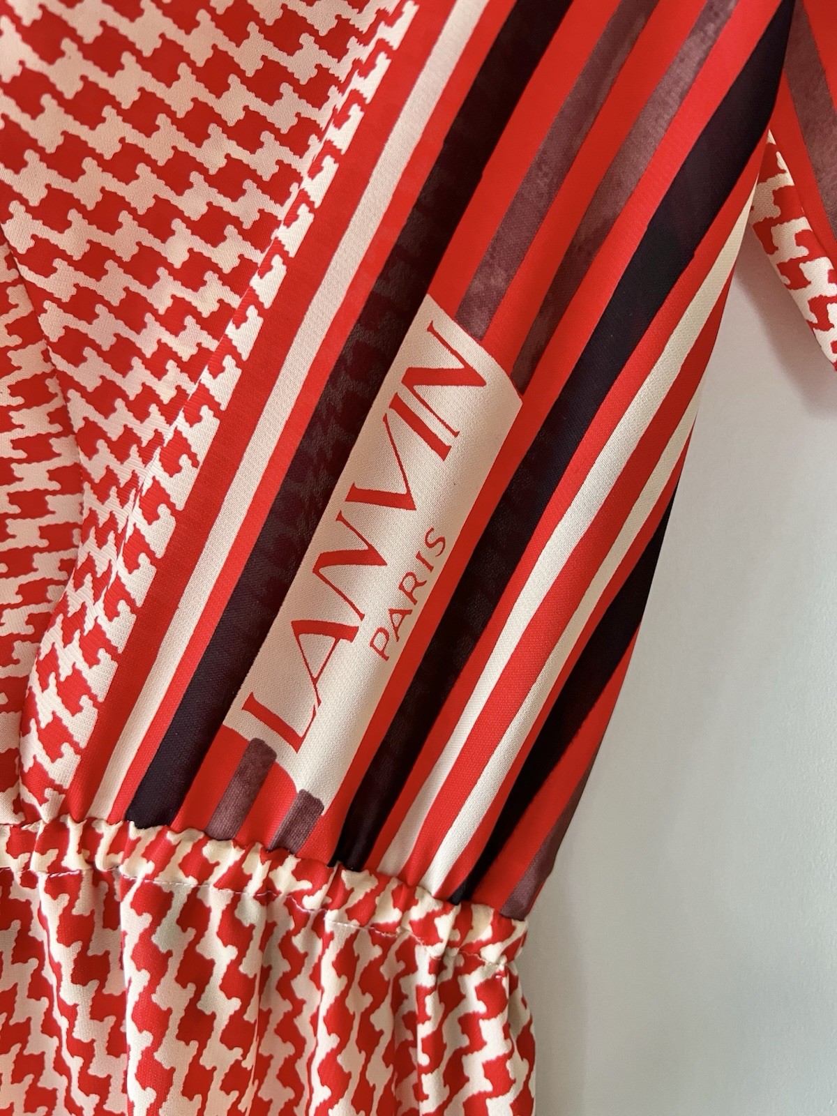 70s Handmade Lanvin Paris Fabric Bias Cut Midi Dress Scarf Print Chevron XS/S