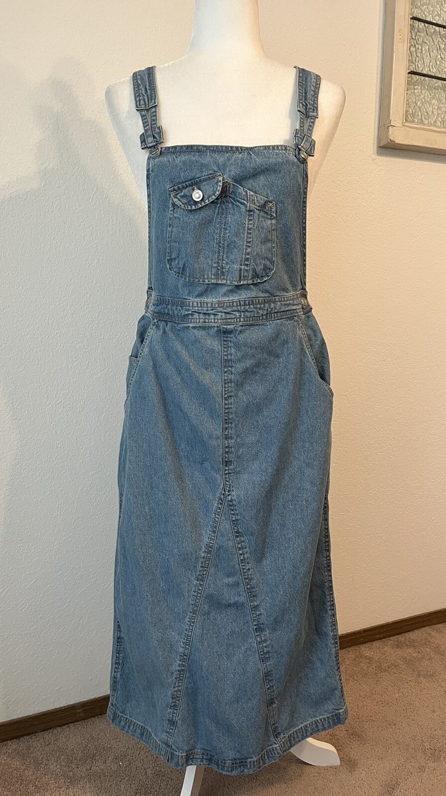 Vintage 90’s Expressions Blue Denim Overall Midi Dress Wm Md Pockets