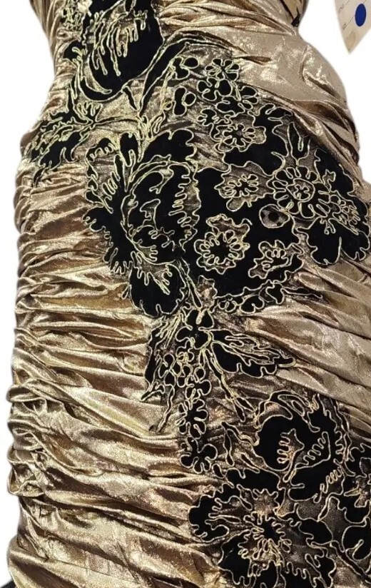 Vtg 80s Prom Dress XS/S Mermaid Gold Lame Metallic Ruched Pageant Gown New