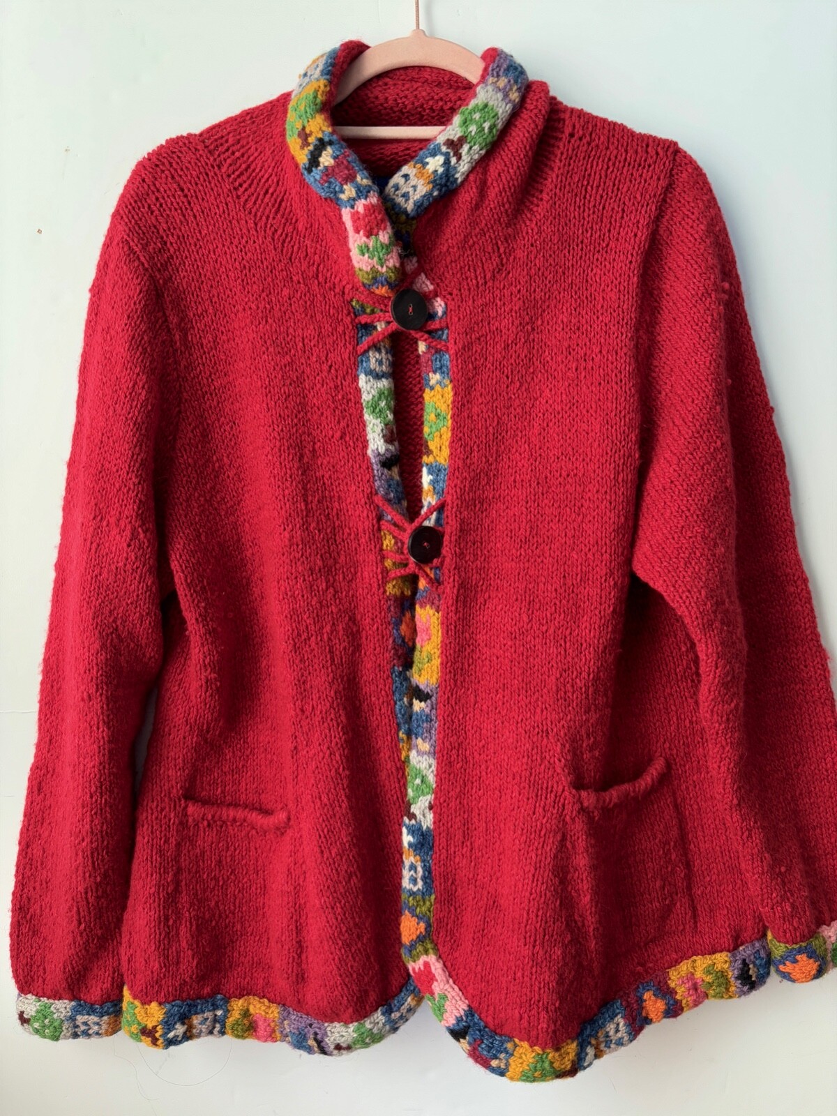VTG AMANO CHUNKY BOHO HIPPY HAND KNIT BOLIVIAN NATIVE PRINT CARDIGAN SWEATER*S/M