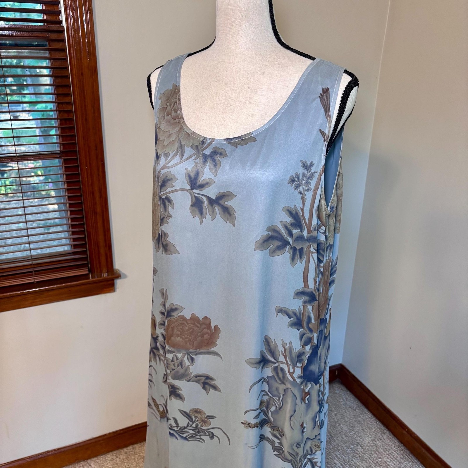 Vtg 90s Citron Santa Monica Silk Floral Maxi Dress Pale Blue Floaty Romantic M