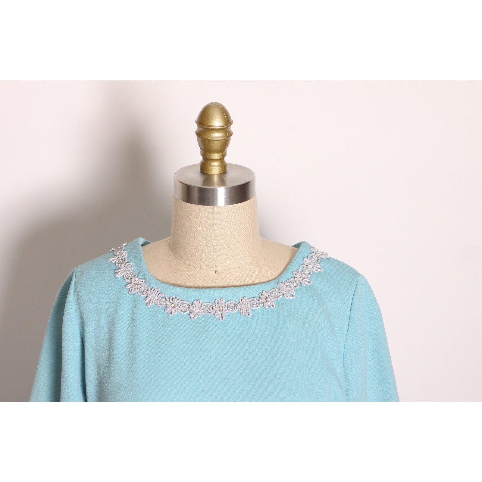 1960s Blue 3/4 Length Sleeve Empire Waist Silver Trim Mod Dress
