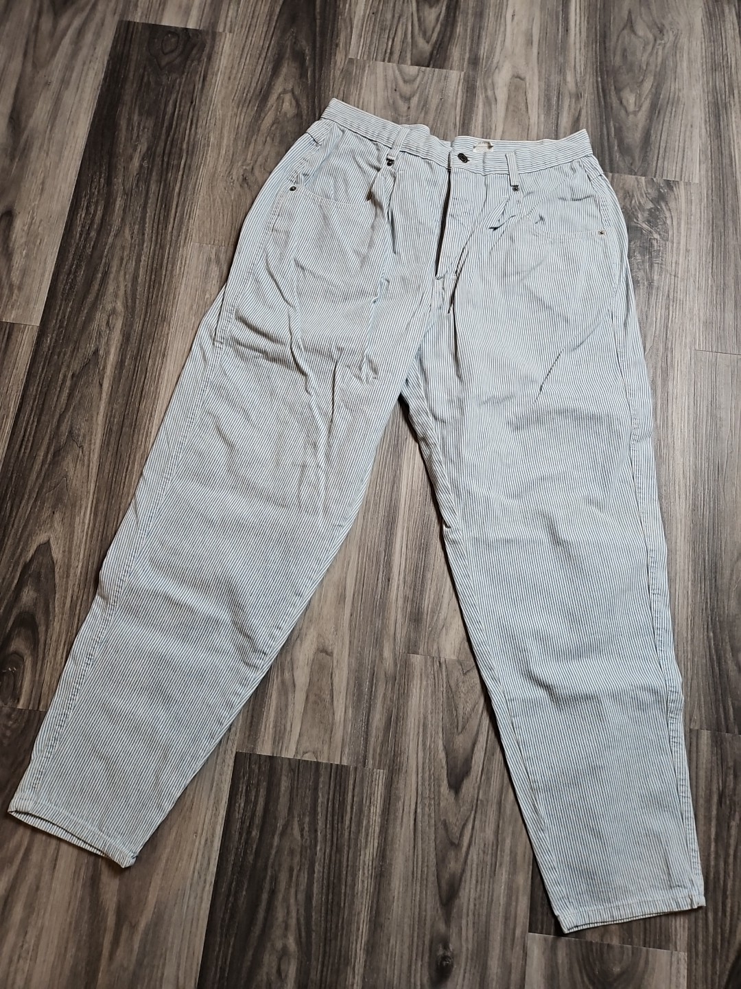 80s 90s~ Britannia Railroad Pinstripe Women’s Petite High Waist Mom Jeans 32×29