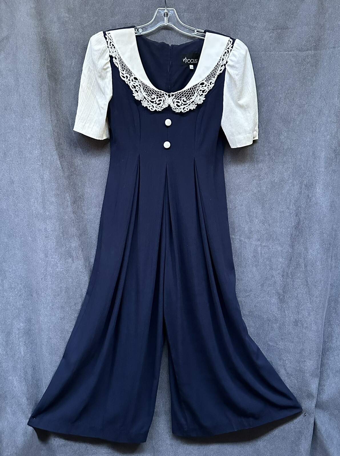 Vtg Wide Leg Jumpsuit Cottage Core Lace Collar Women’s Small 80s
