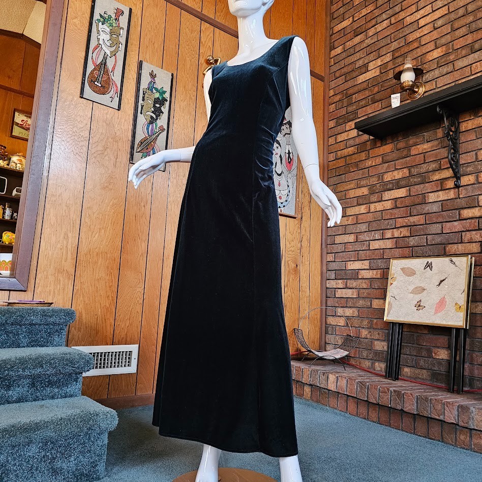 Vtg 90 Y2K Curvy Plus Goth Spider Back Emerald Green Velvet Prom Maxi Dress L/XL