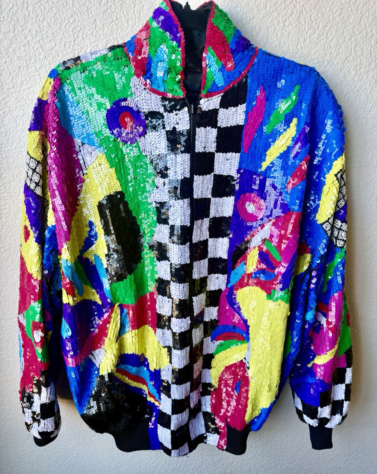 Vintage 80s Sequin Beaded Colorblock Art Deco Zip Jacket Statement Coat Glam XL