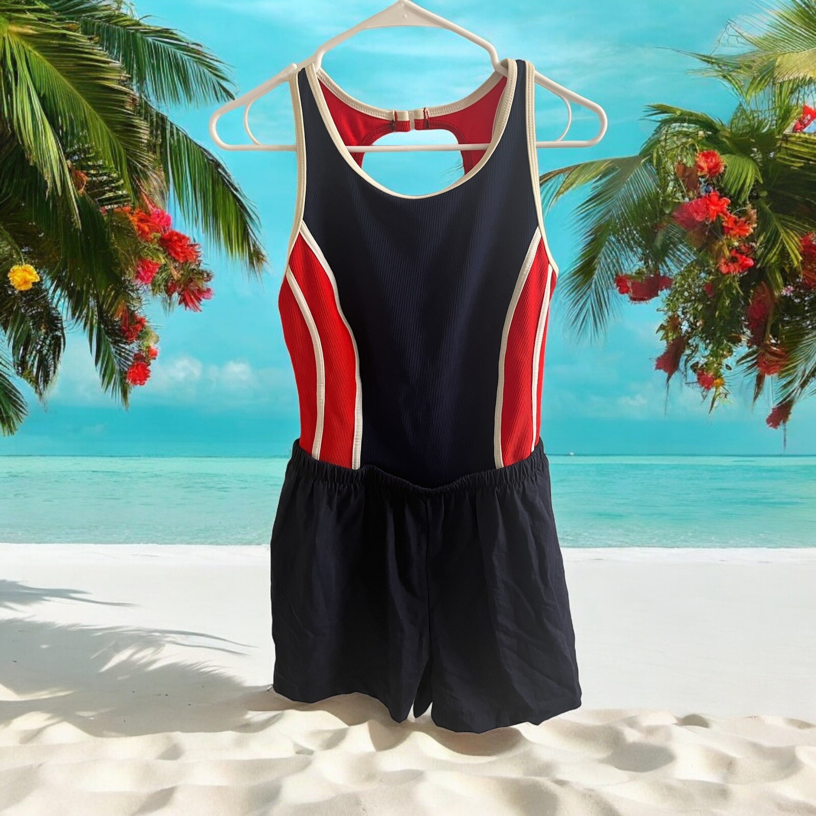 Vtg Gabar Swimsuit Bathing Suit One Piece SHORTS Red White Blue Sz 14 Modest