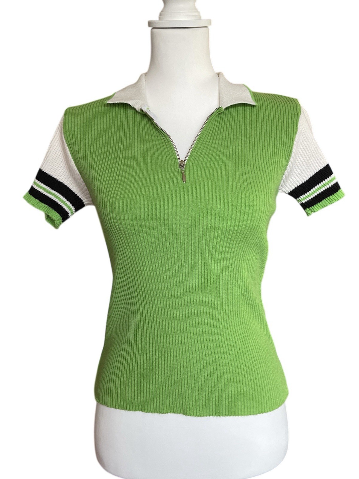 Vintage Y2K Arizona Jean Company Green Striped Collared Zip Polo Top S