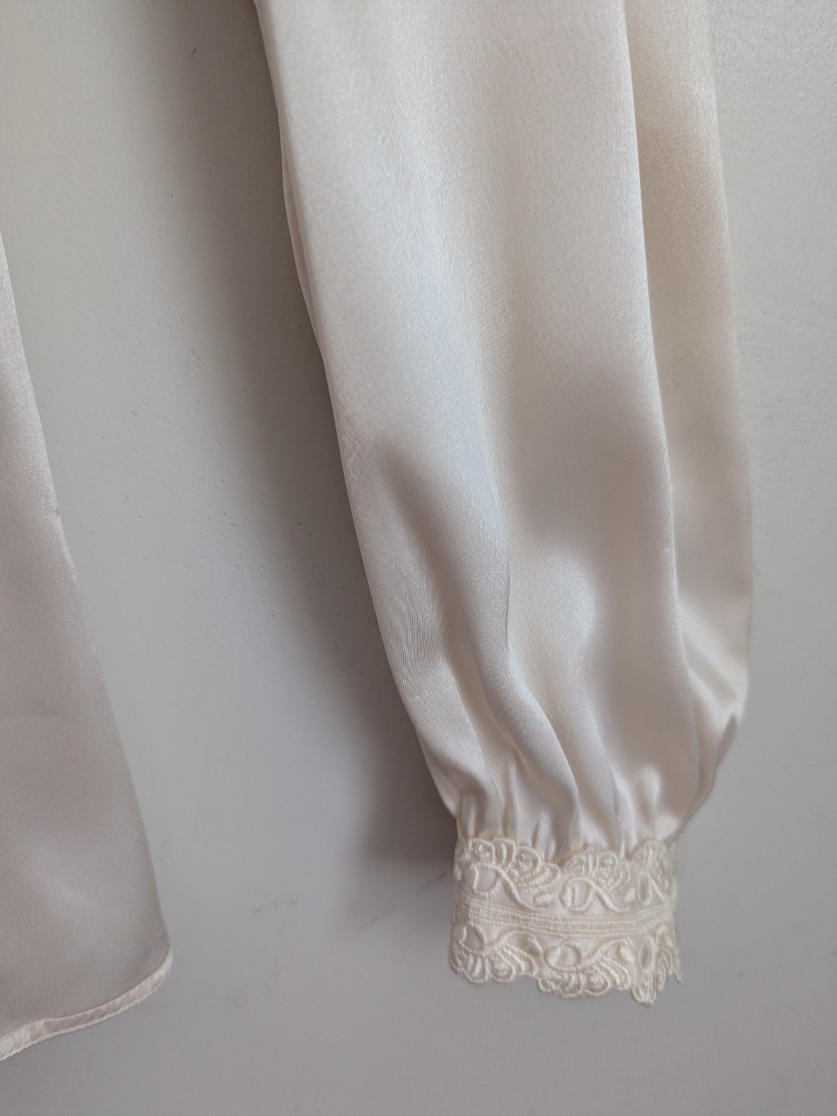 Vintage 1980s Satin Blouse Victorian Cottage Embroidered Lace High Neck Feminine