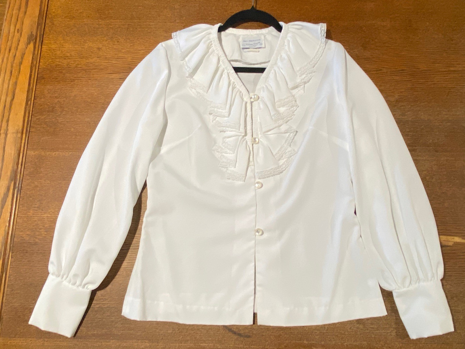 VTG White Cravat Blouse w/ Neck Ruffle Long Sleeve Cuff Button Sunny South XS-S