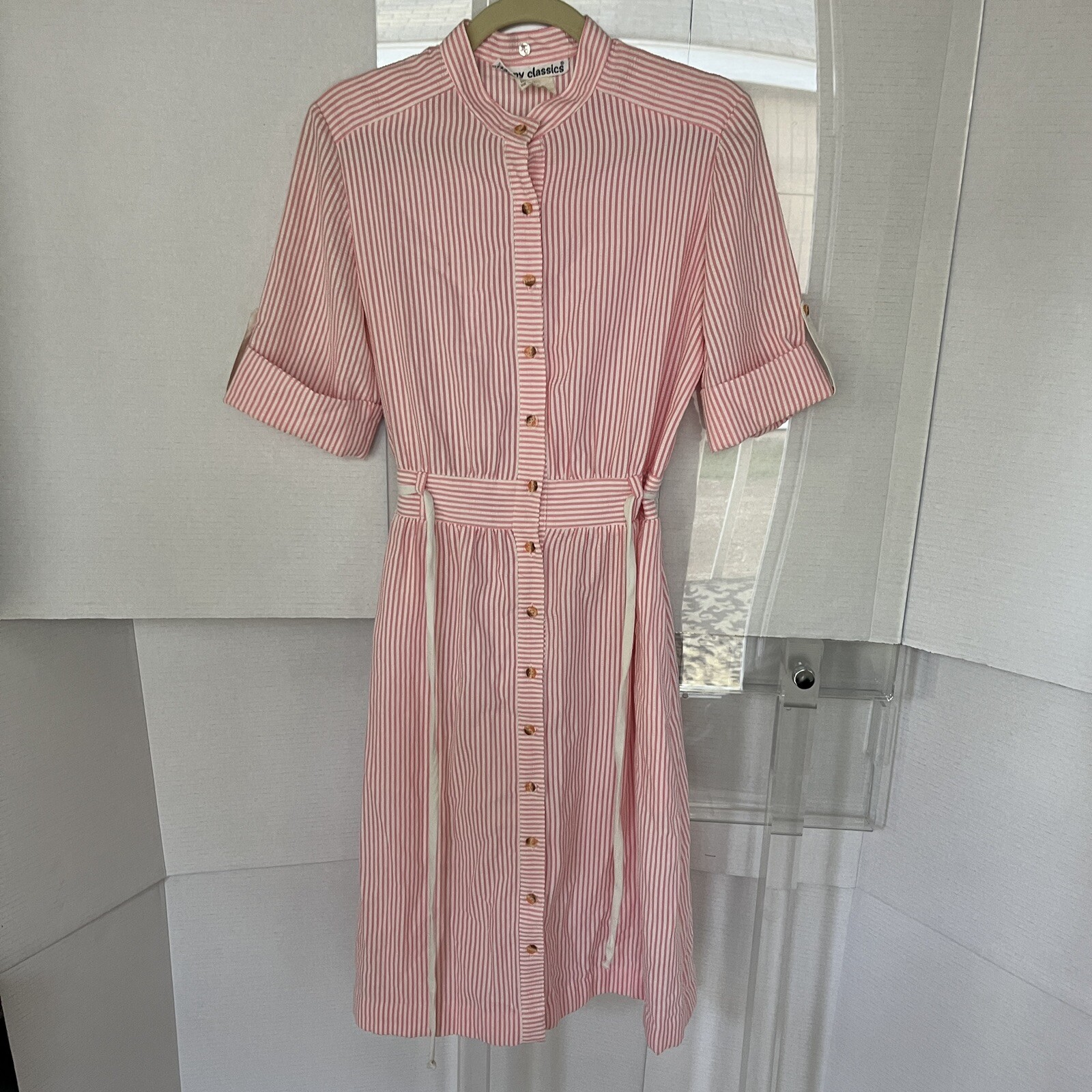 vintage Kenny Classics Shirt Dress pink Belted Fit Flare Button Up Womens sz 12