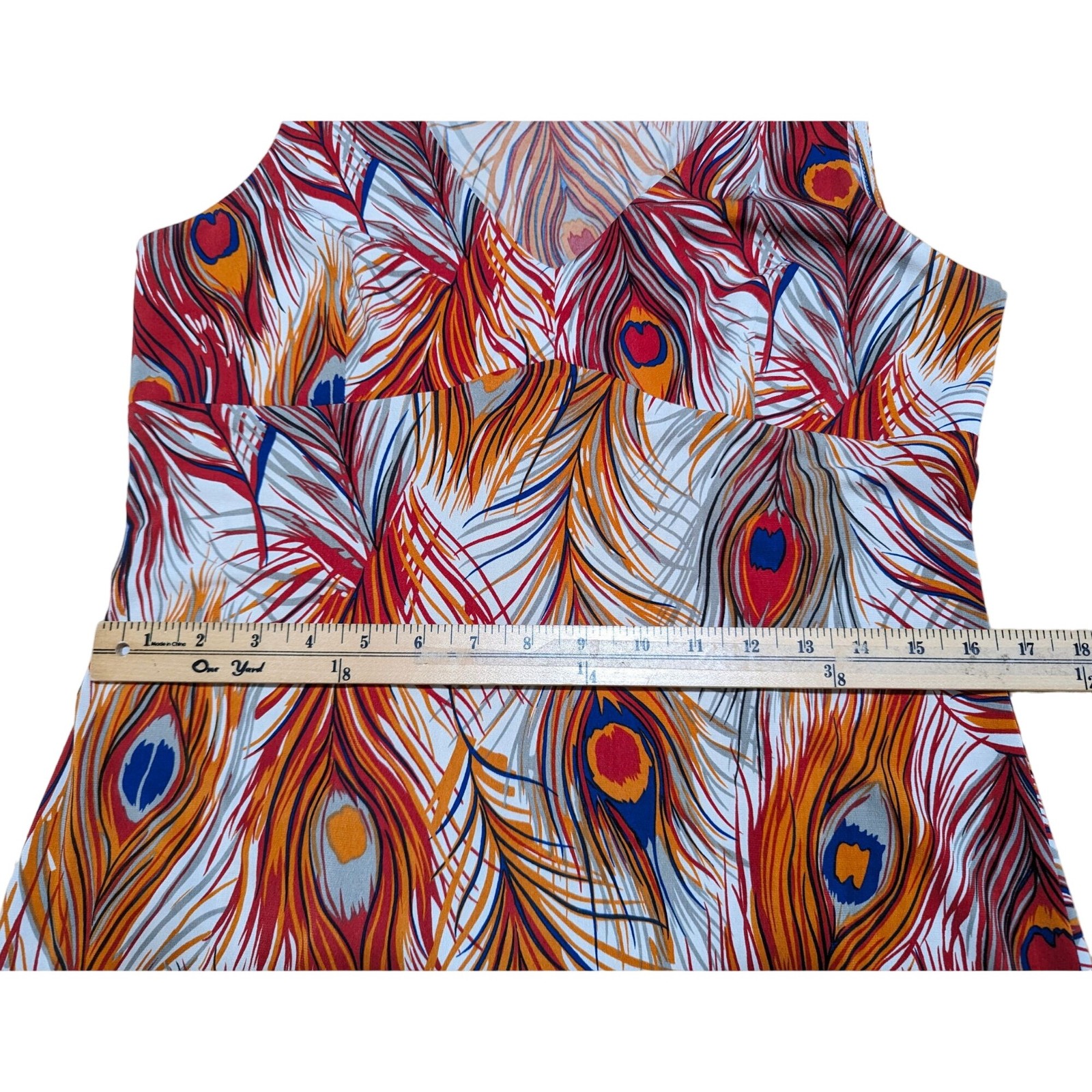 BCBG Dresses Large orange blue Peacock Feather print Vintage Empire Waist Y2K