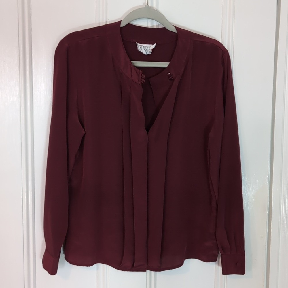 Vintage Satin Hidden Button Oxblood Burgundy Button Down Blouse Size 8