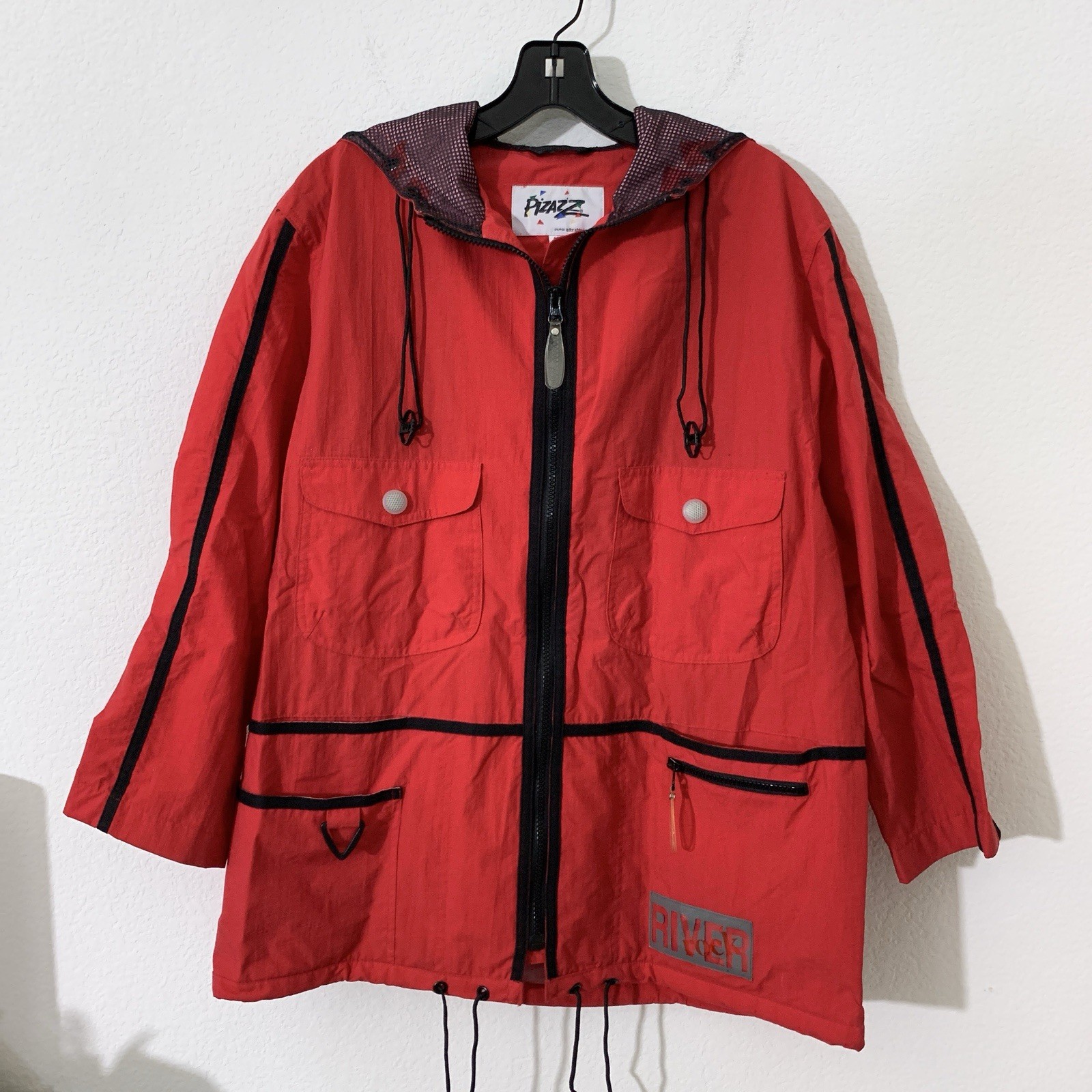 Vintage 80s Jacket Pizazz Full Zip 6 Pocket Windbreaker w Hood Red Womens Small