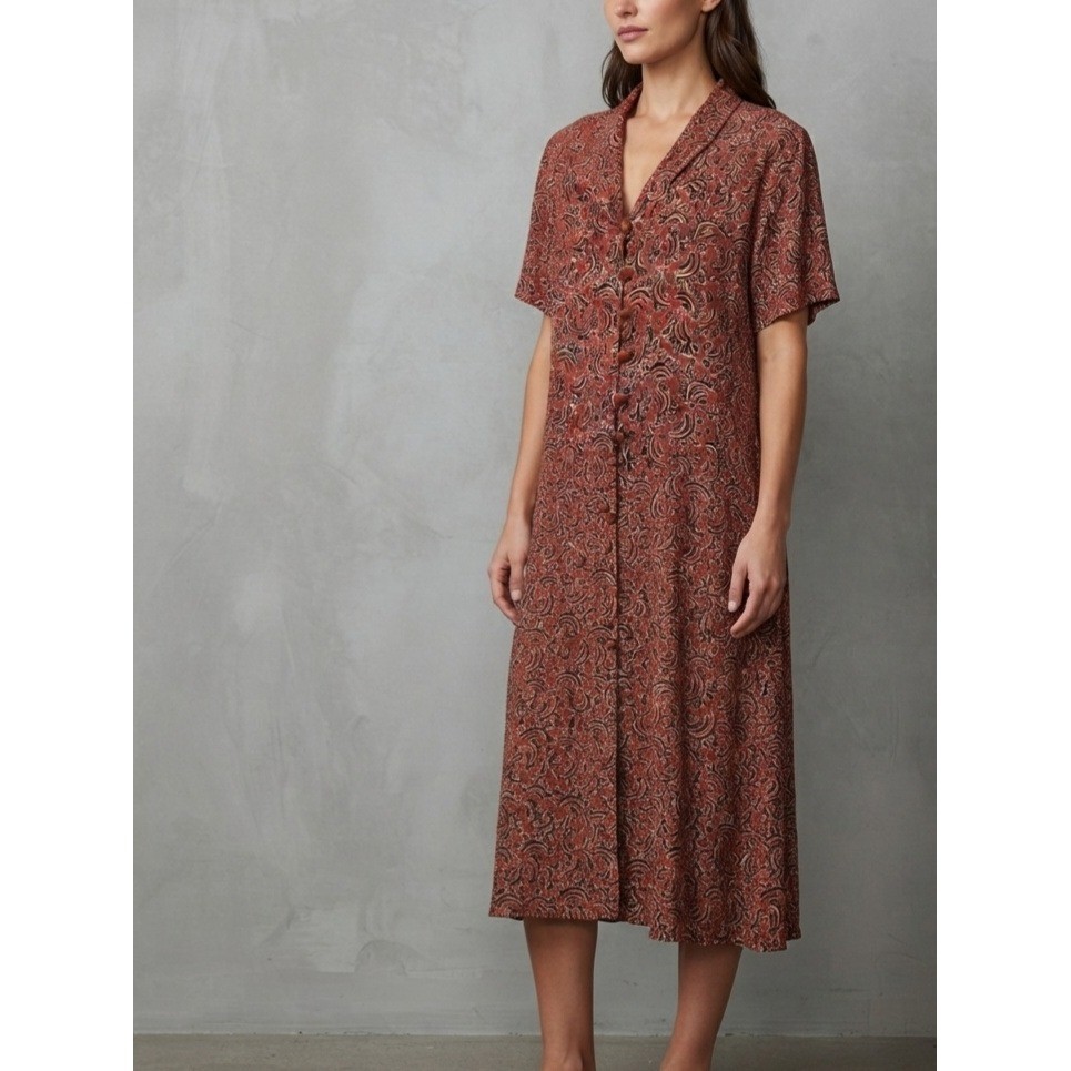 Elisabeth Vintage Paisley Boho Button Front Short Sleeve Midi Dress Size 22