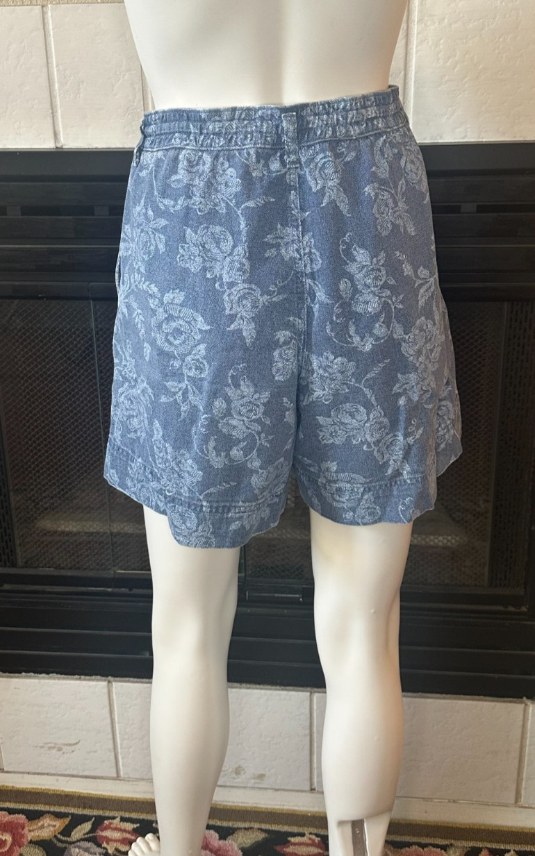 Vtg Blue Blues B Etc. 100% Cotton Roses acid print Shorts size 12 waist 29″