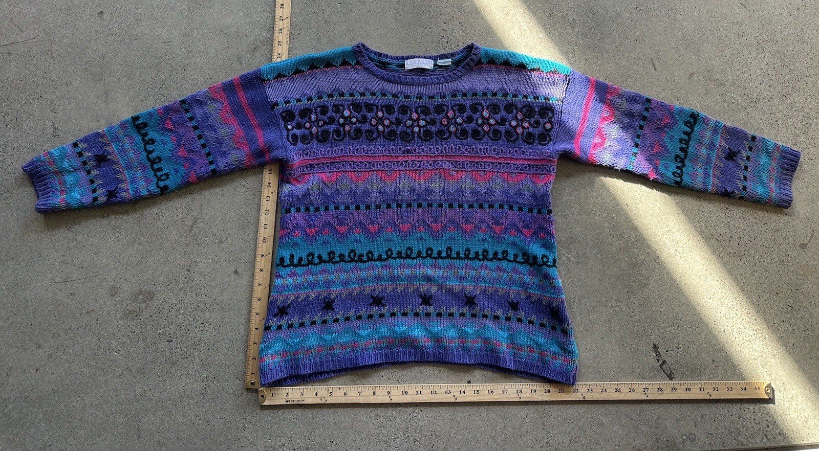 Vintage 1992 Segrets Sun Prints Purple Multicolor Embroidered Sweater Size L