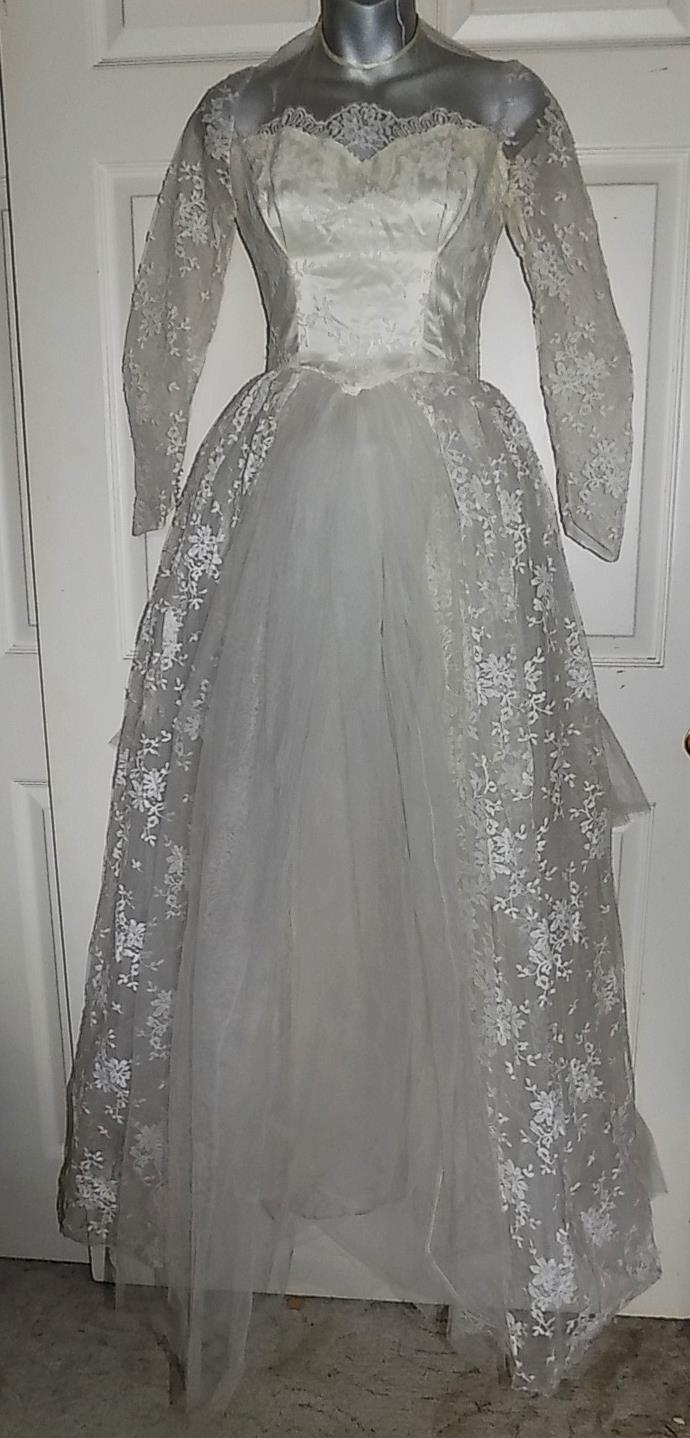 Vintage 50s Satin, Lace & Net Wedding Dress Gown B34