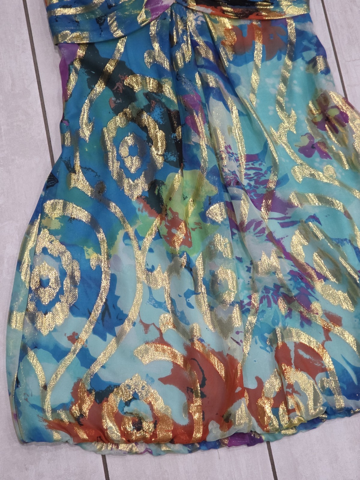 XSCAPE Y2K Vintage Silk Blend Strapless Bubble Hem Dress Metallic Gold Abstract