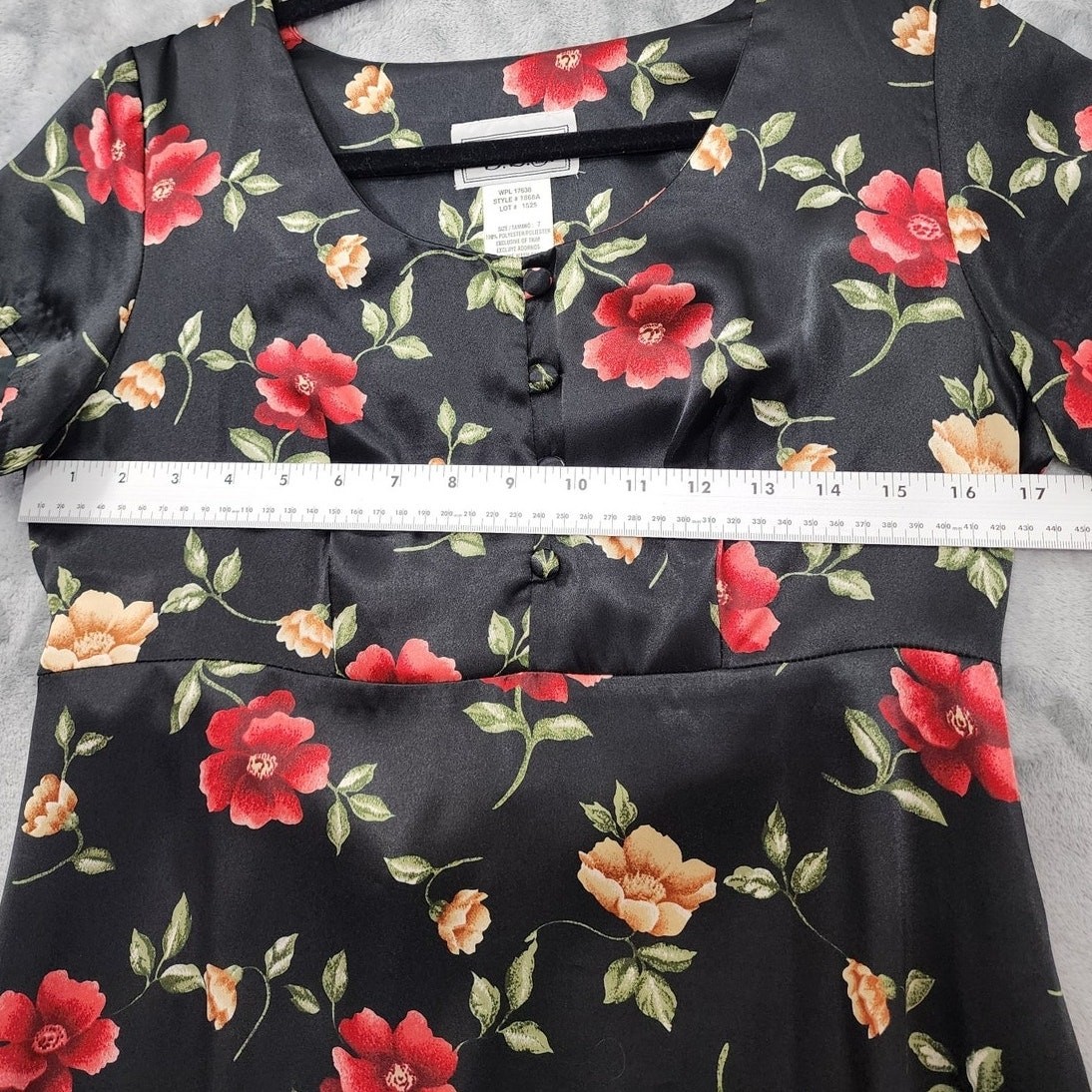 Vintage D.B.Y. LTD Dress Women 7 Juniors Black Floral Satin Tie Back Mini Grunge