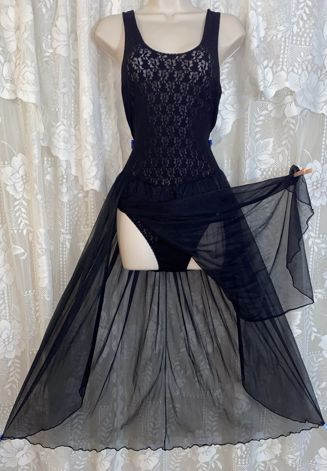 VTG LXL Lady Cameo Black NYLON LACE BODYSUIT TEDDY NIGHTGOWN Sheer Chiffon Skirt