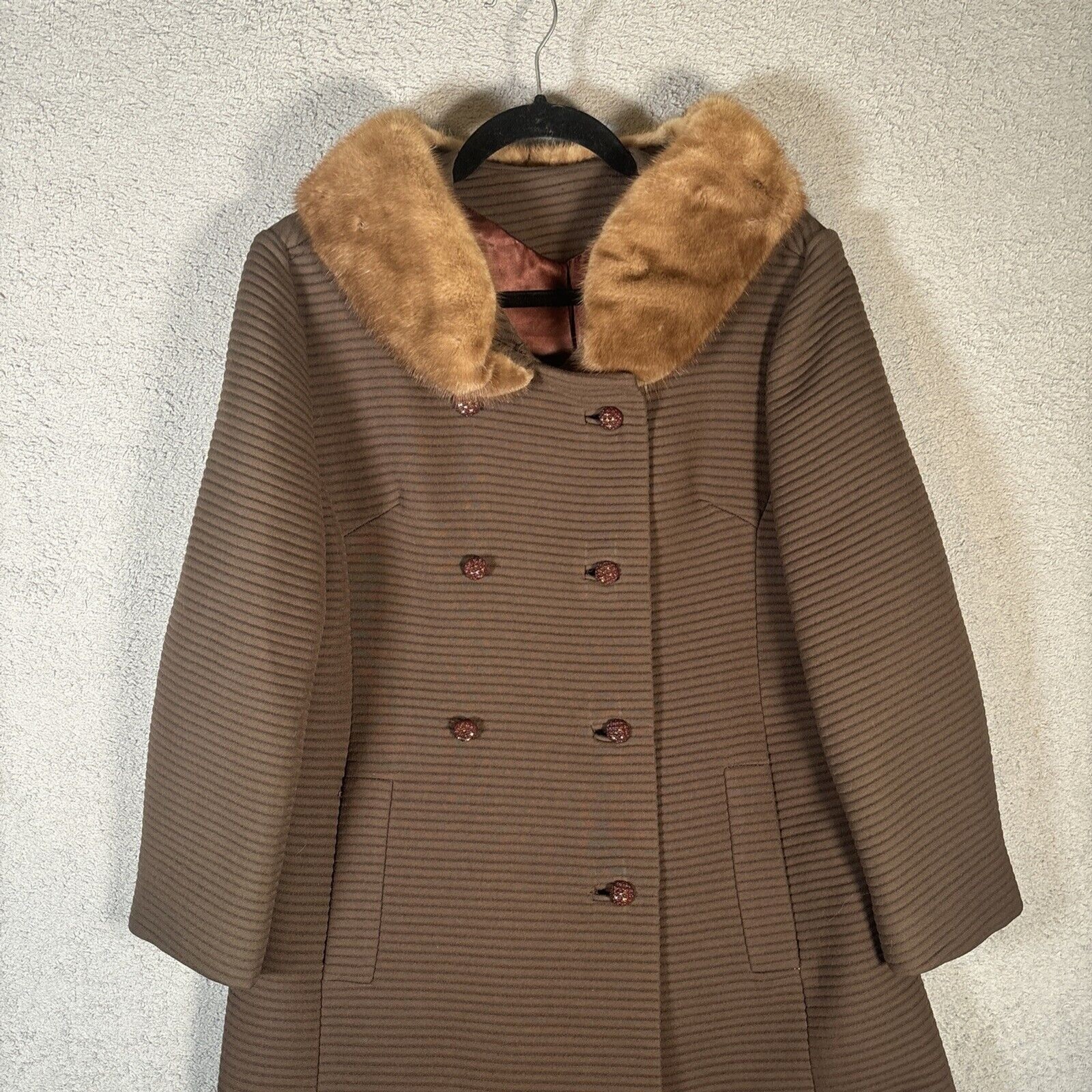 Vintage Forstmann Long Pea Coat Fur Collar Brown Double Breasted Mob Wife Duster