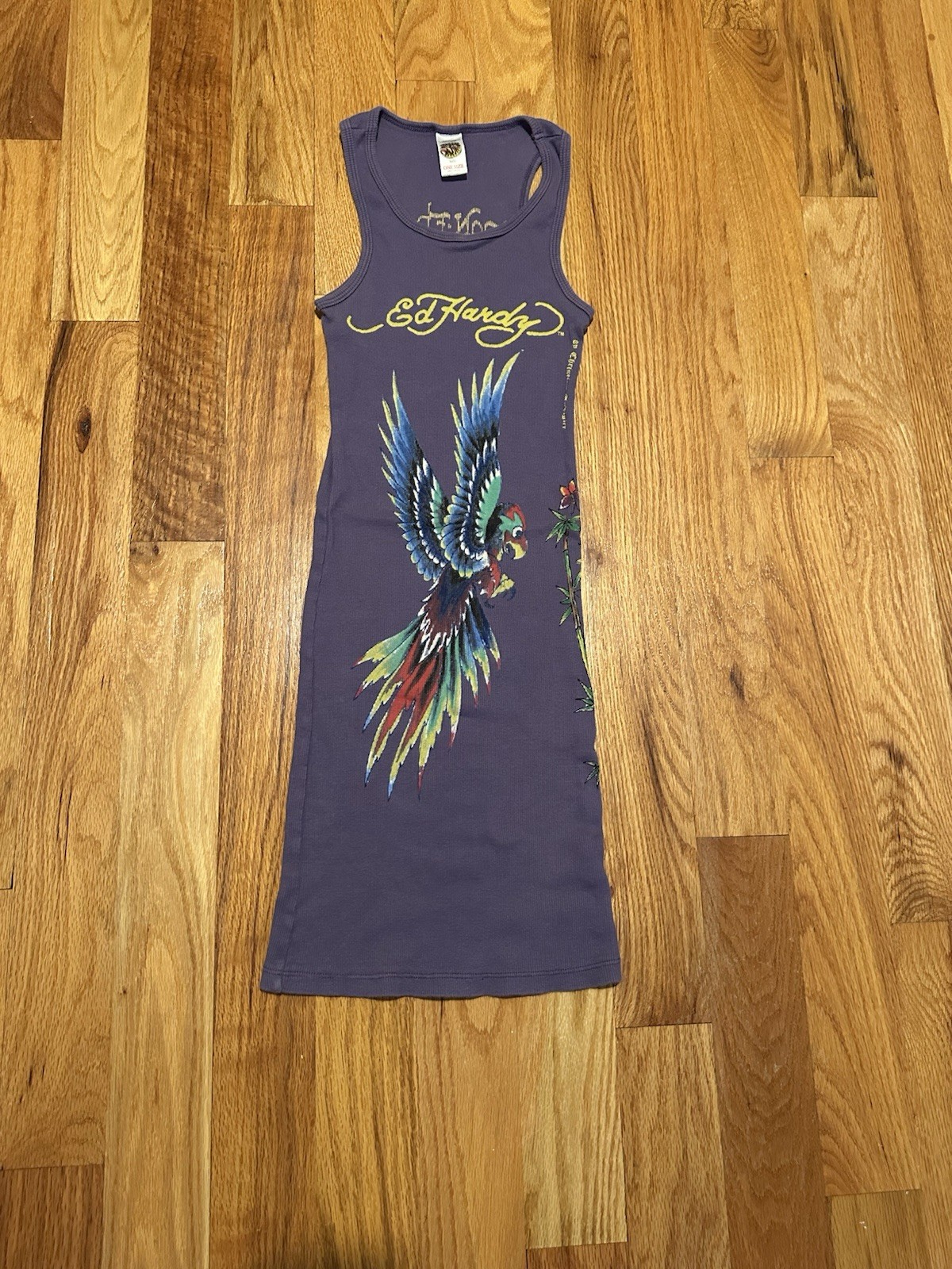 Vintage Don Ed Hardy purple bodycon dress with parrot design stretchy OSFA