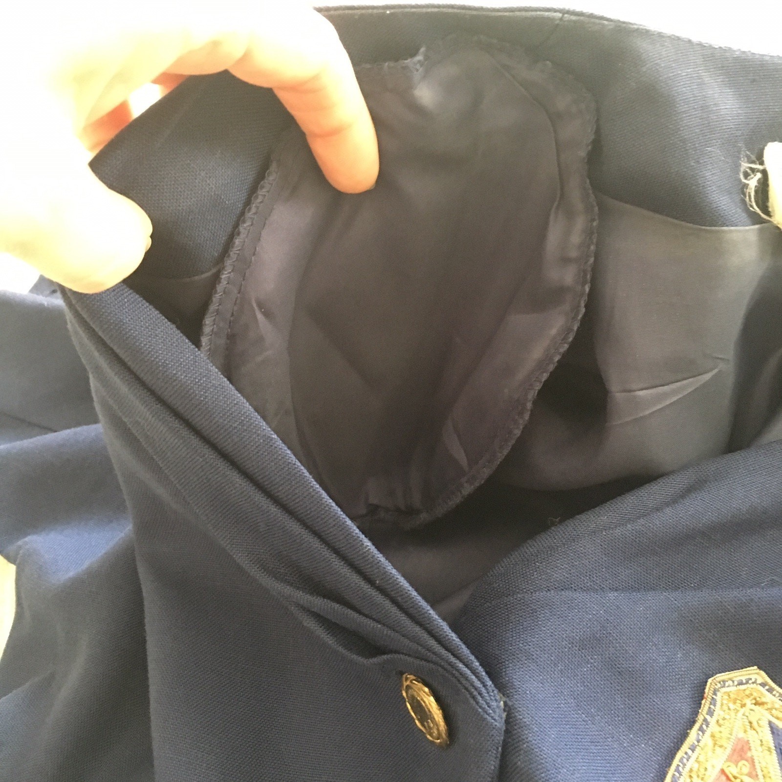 Navy Linen Dress Vintage Starington Size 8 Retro Preppy Embroidered Coat of Arms